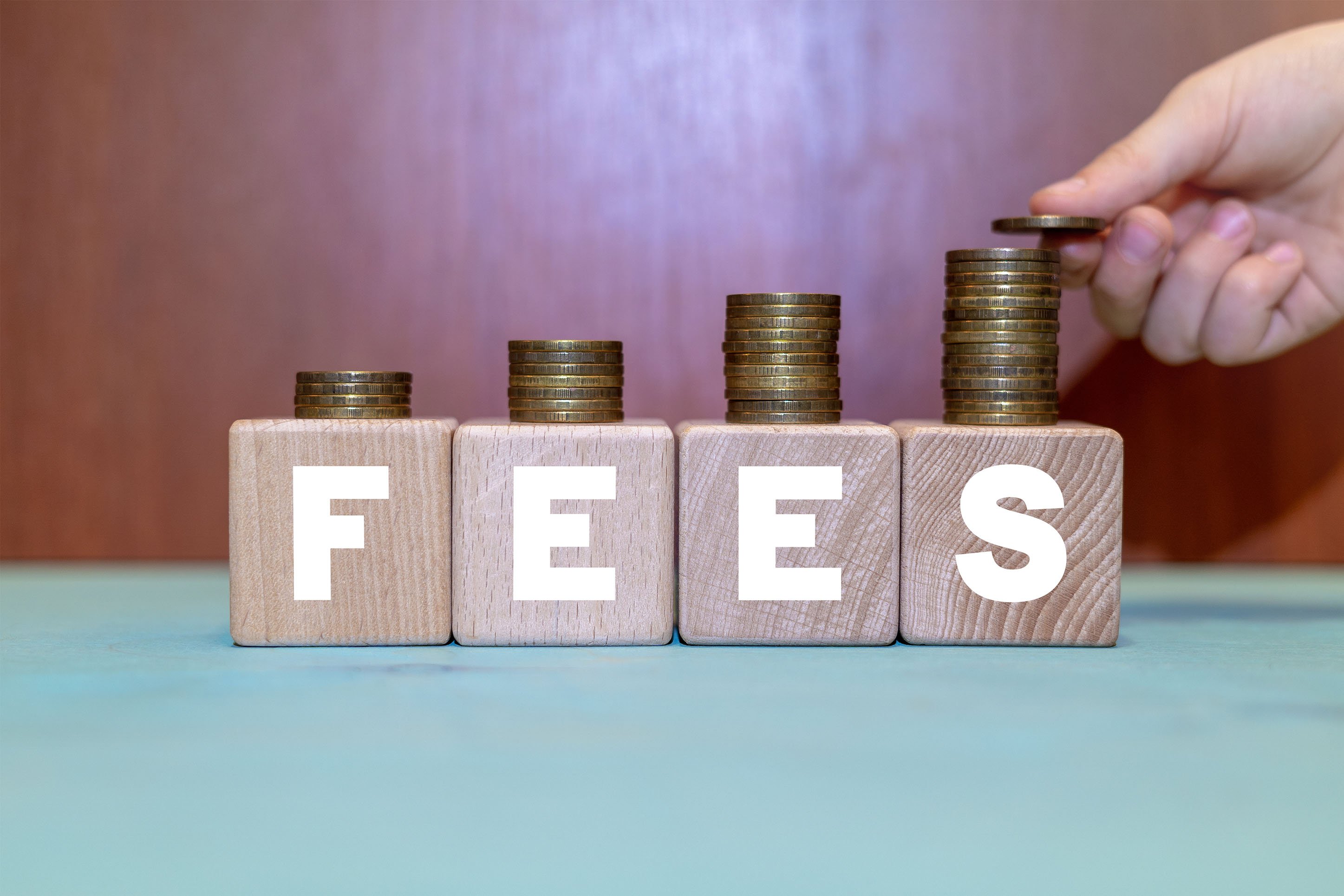 Image of the word Fees with coins on top.
