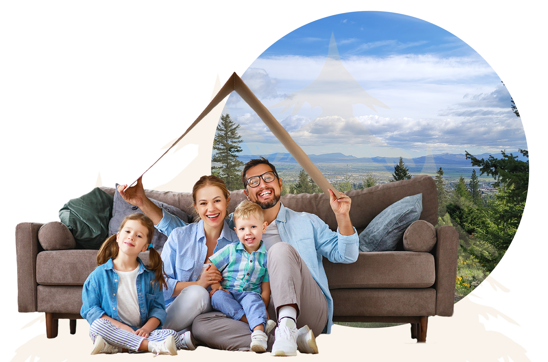 family siting on floor next to couch with cardboard over their head.