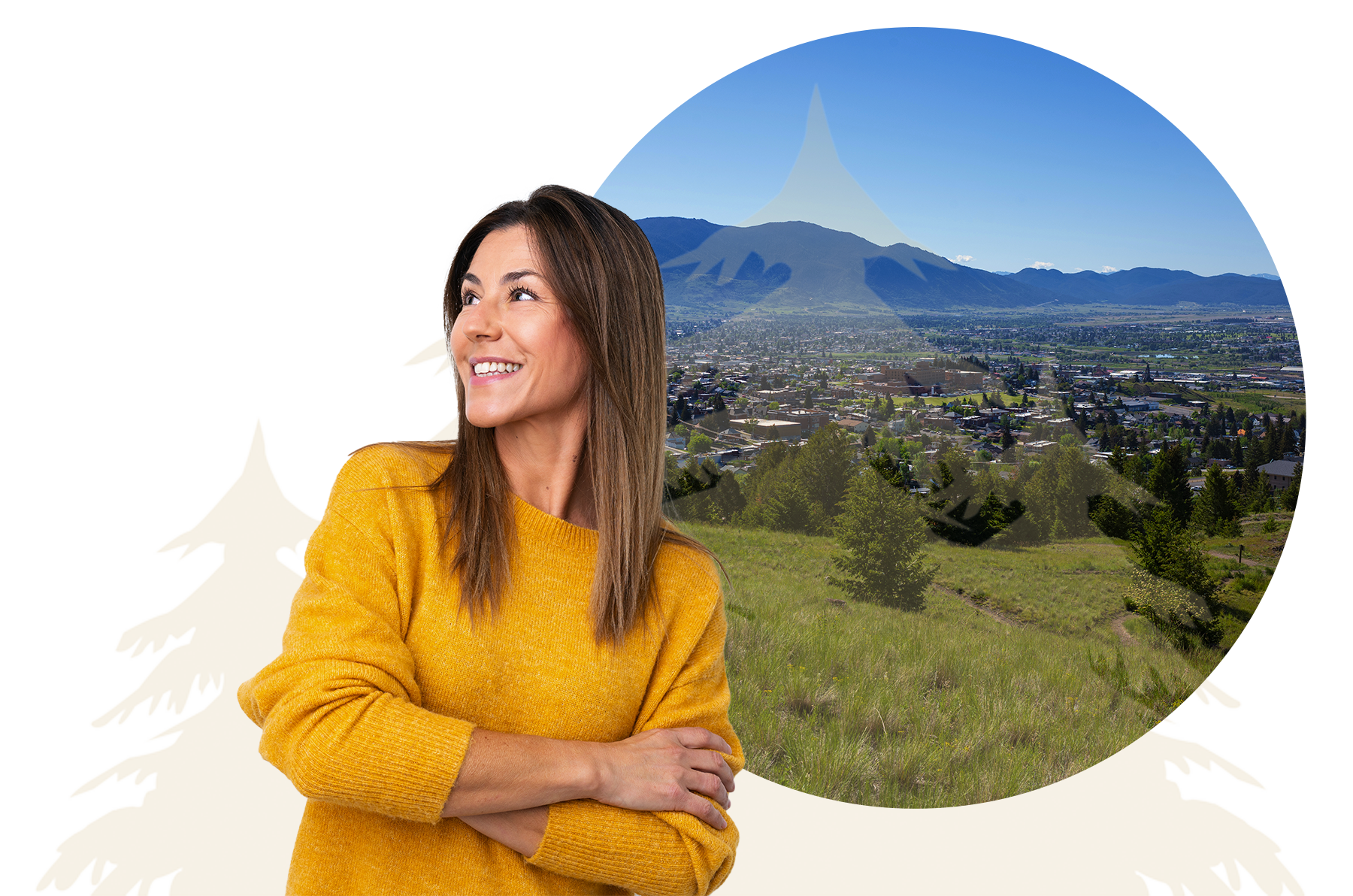 lady in yellow sweater, and Butte landscape