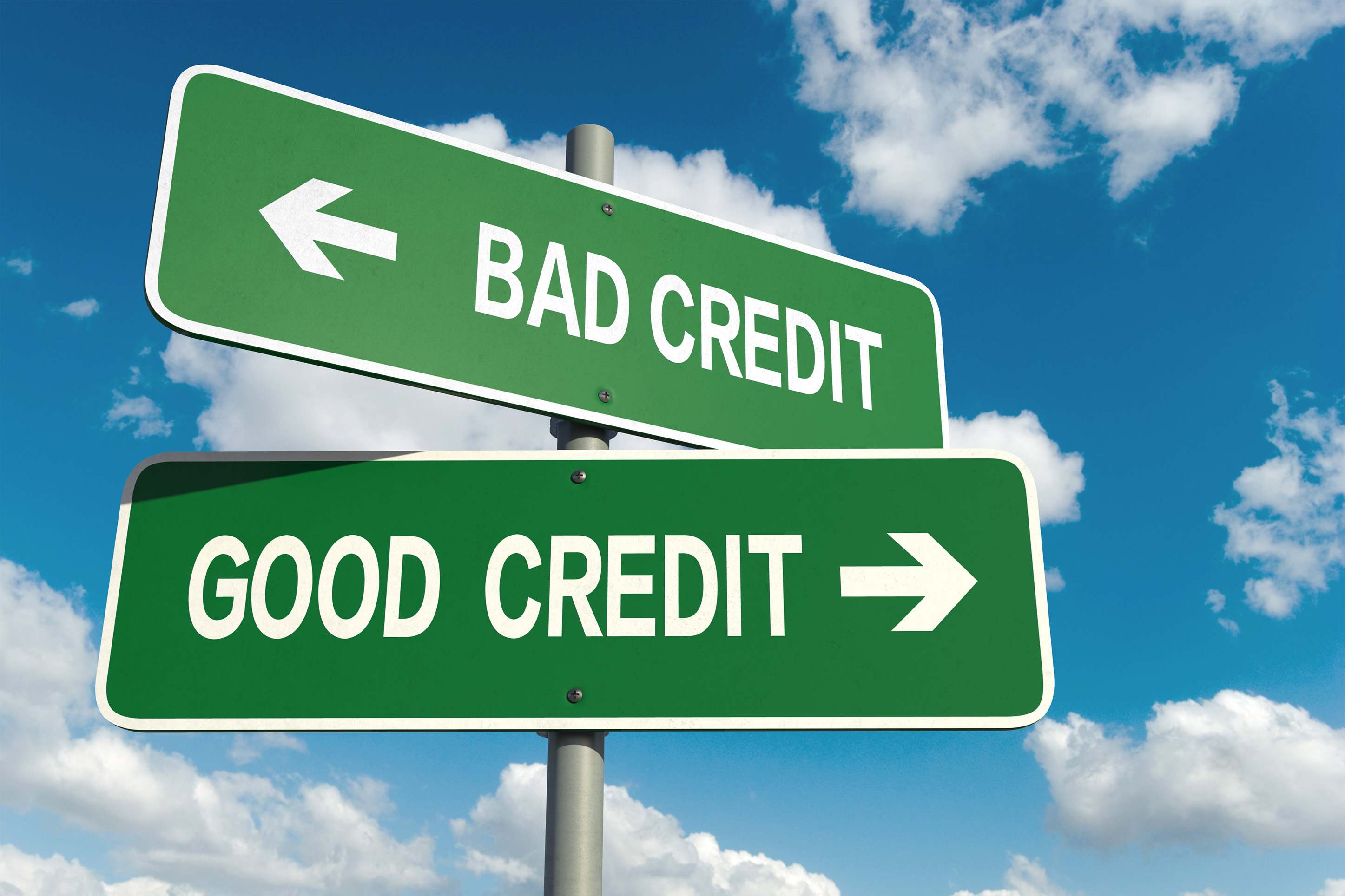 Road sign with good credit and bad credit. 