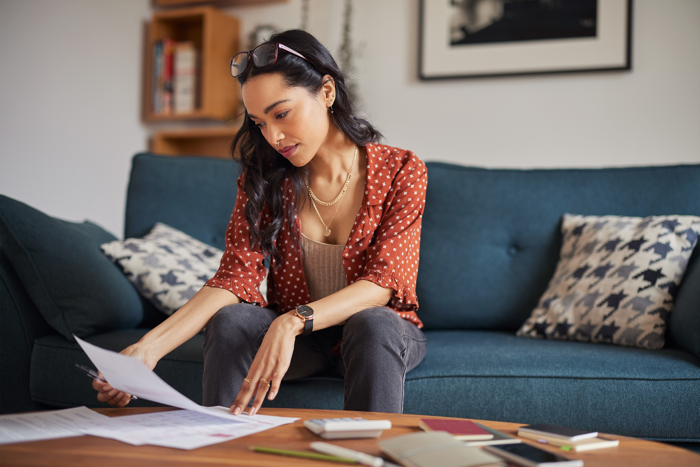 Woman working on her finances. 